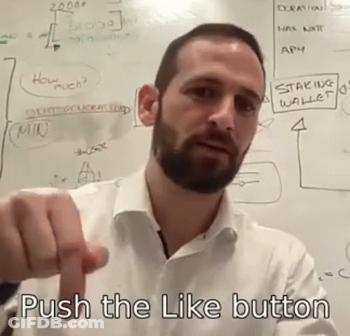A Man With A Beard Is Standing In Front Of A Whiteboard With The Words Push The Like Button Written On It GIF