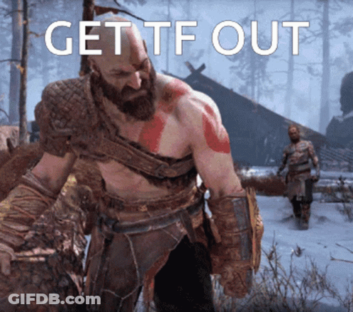 A Man With A Beard Is Standing In The Snow With The Words Get Tf Out Above Him GIF
