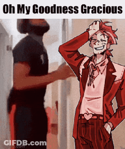 A Man With A Beard Is Standing Next To A Drawing Of A Man In A Red Suit With A Heart Belt . GIF