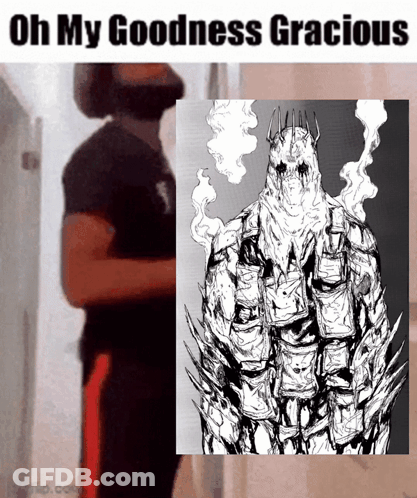 A Man With A Beard Is Standing Next To A Drawing Of A Monster That Says " Oh My Goodness Gracious " GIF
