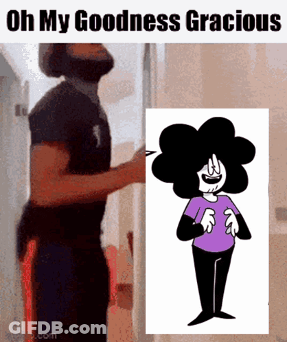 A Man With A Beard Is Standing Next To A Picture Of A Cartoon Character With The Caption Oh My Goodness Gracious GIF