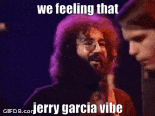 A Man With A Beard Is Standing Next To Another Man With The Words " We Feeling That Jerry Garcia Vibe " GIF