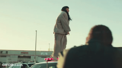 A Man With A Beard Is Standing On Top Of A Car GIF