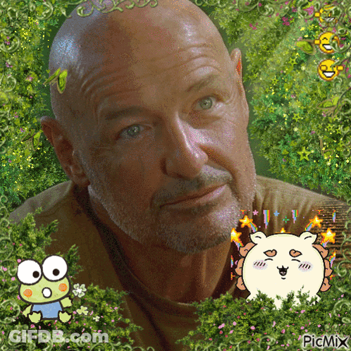 A Man With A Beard Is Surrounded By A Frog And Flowers And Says Picmix On The Bottom Right GIF