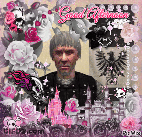 A Man With A Beard Is Surrounded By Pink Roses And A Castle And Says Good Afternoon GIF