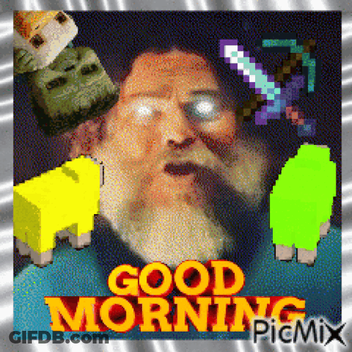 A Man With A Beard Is Surrounded By Pixelated Animals And The Words Good Morning GIF