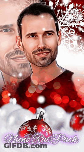A Man With A Beard Is Surrounded By Red And White Christmas Ornaments And The Name Nano Rat Pack GIF