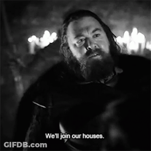 A Man With A Beard Is Talking In A Black And White Photo And Says `` We 'Ll Join Our Houses '' . GIF