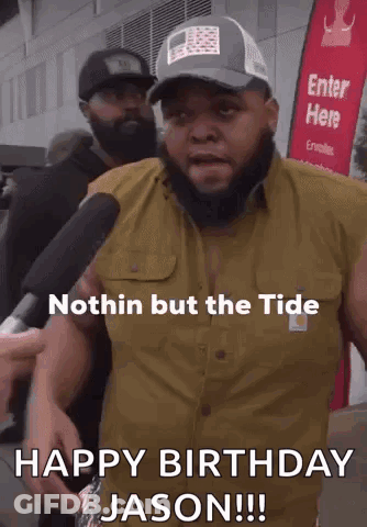 A Man With A Beard Is Talking Into A Microphone And Says Nothin But The Tide Happy Birthday Jason GIF