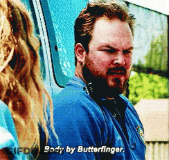 A Man With A Beard Is Talking To A Woman And Says Body By Butterfinger GIF