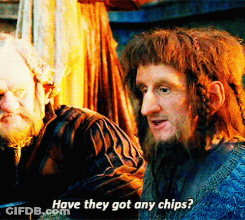 A Man With A Beard Is Talking To Another Man And Says " Have They Got Any Chips " GIF