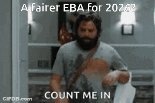 A Man With A Beard Is Walking Down A Hallway With The Words " A Fairer Eba For 2026 " GIF