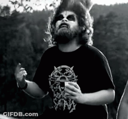 A Man With A Beard Is Wearing A Black Shirt With A Cat On It And The Word Satan On It GIF