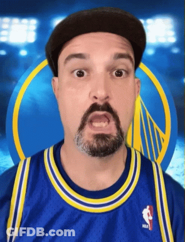 A Man With A Beard Is Wearing A Blue And Yellow Nba Jersey GIF