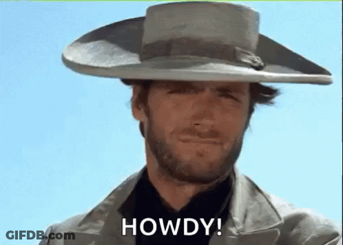 A Man With A Beard Is Wearing A Cowboy Hat And A Jacket And Says Howdy . GIF