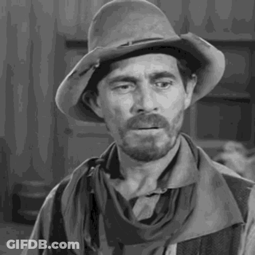 A Man With A Beard Is Wearing A Cowboy Hat And A Scarf Around His Neck . GIF