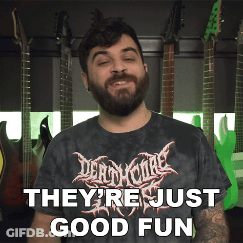 A Man With A Beard Is Wearing A Deadmore Shirt And Says They 'Re Just Good Fun GIF