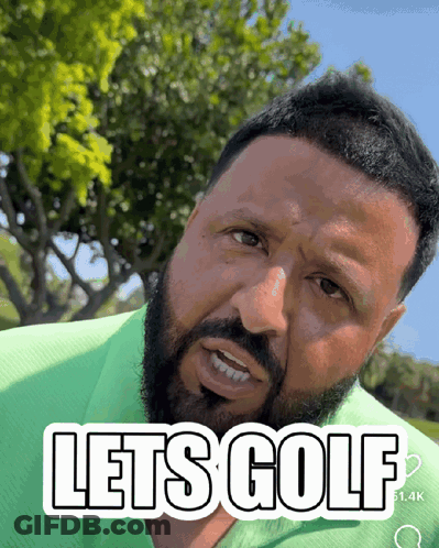 A Man With A Beard Is Wearing A Green Shirt That Says Lets Golf GIF