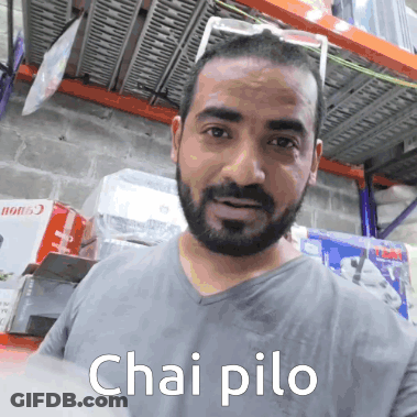 A Man With A Beard Is Wearing A Grey Shirt That Says Chai Pilo On The Front GIF