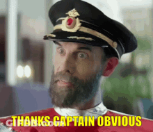 A Man With A Beard Is Wearing A Hat And A Red Shirt And Says Thanks Captain Obvious . GIF