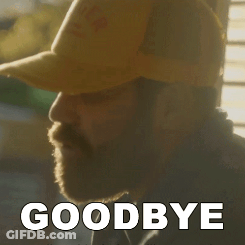 A Man With A Beard Is Wearing A Hat And The Word Goodbye Is Above Him GIF