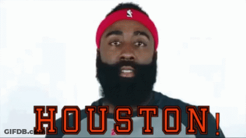 A Man With A Beard Is Wearing A Headband That Says Houston On It GIF