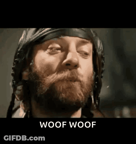 A Man With A Beard Is Wearing A Helmet And The Words Woof Woof Are Above Him . GIF