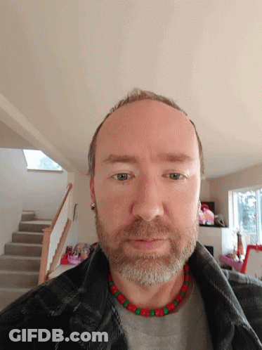 A Man With A Beard Is Wearing A Plaid Jacket And A Red And Green Necklace GIF