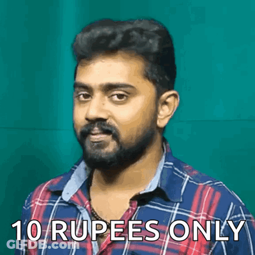 A Man With A Beard Is Wearing A Plaid Shirt And Says 10 Rupees Only . GIF