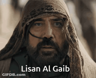 A Man With A Beard Is Wearing A Scarf Around His Head And Says Lisan Al Gaib On The Bottom GIF