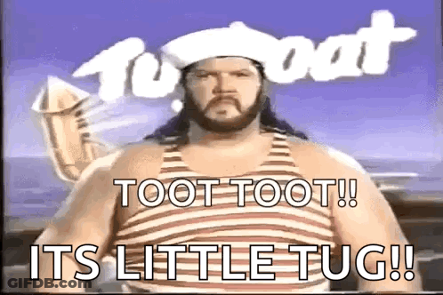 A Man With A Beard Is Wearing A Striped Tank Top With The Words Toot Toot Its Little Tug Written On It . GIF