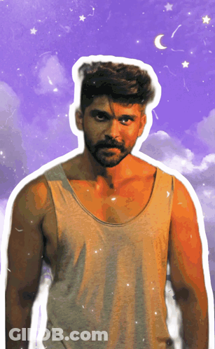A Man With A Beard Is Wearing A Tank Top With A Purple Sky In The Background GIF