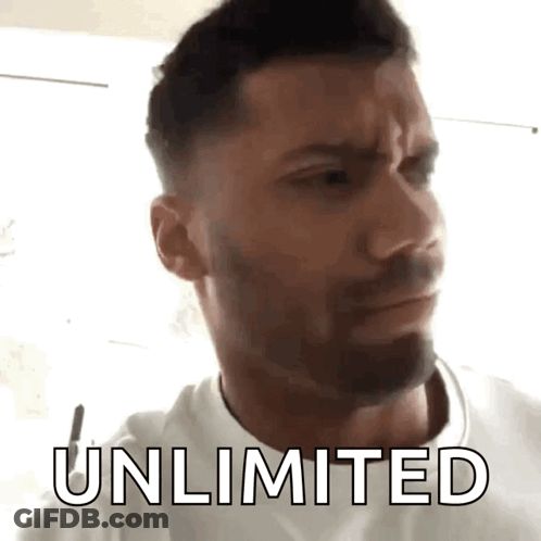 A Man With A Beard Is Wearing A White Shirt And The Word Unlimited Is On His Face GIF