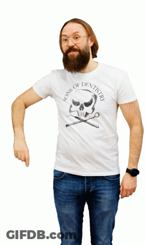 A Man With A Beard Is Wearing A White Shirt That Says Sons Of Dentistry GIF