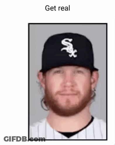 A Man With A Beard Is Wearing A White Sox Hat And A Striped Shirt . GIF