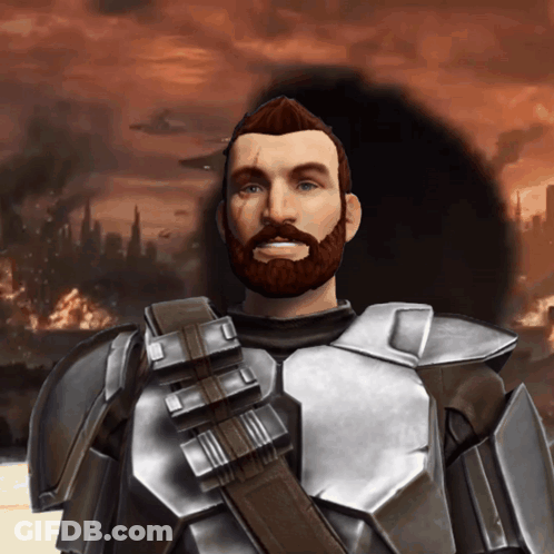 A Man With A Beard Is Wearing Armor And Smiling In Front Of A Burning City GIF