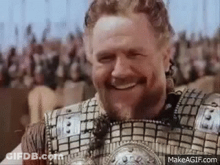 A Man With A Beard Is Wearing Armor And Smiling In Front Of A Crowd . GIF