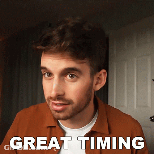 A Man With A Beard Looks At The Camera With The Words Great Timing Behind Him GIF