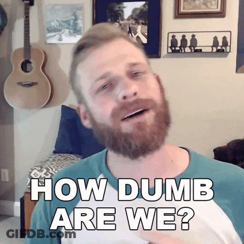 A Man With A Beard Says " How Dumb Are We " In Front Of A Guitar GIF