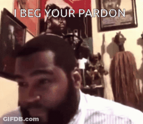 A Man With A Beard Says I Beg Your Pardon In A Room GIF