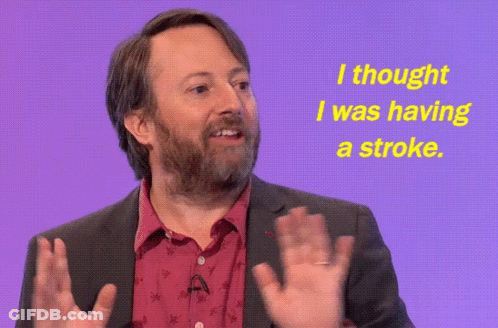 A Man With A Beard Says I Thought I Was Having A Stroke On A Purple Background GIF