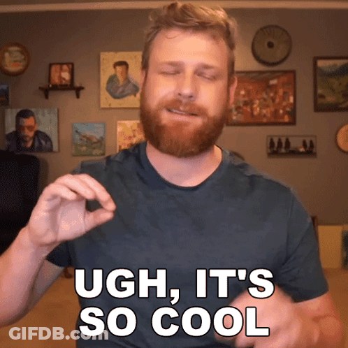 A Man With A Beard Says " Ugh It 'S So Cool " In Front Of A Wall Of Pictures GIF