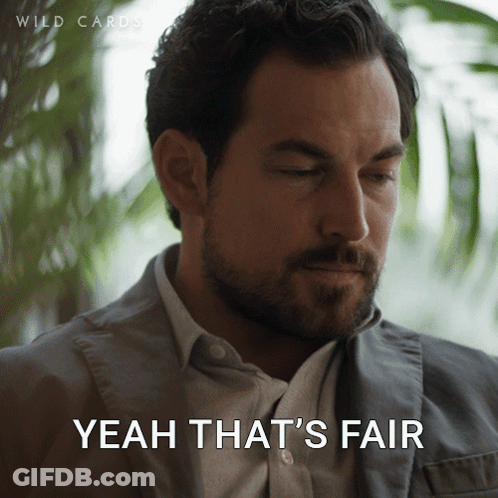 A Man With A Beard Says " Yeah That 'S Fair " While Looking Down GIF