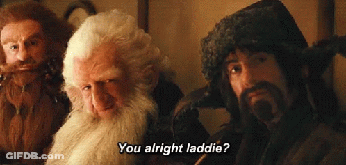 A Man With A Beard Says " You Alright Laddie " To Another Man GIF