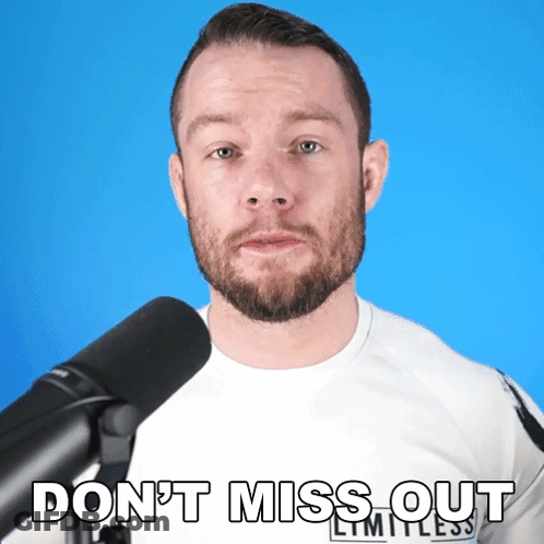 A Man With A Beard Stands In Front Of A Microphone With The Words " Do N't Miss Out " Above Him GIF