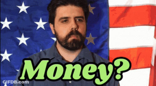 A Man With A Beard Stands In Front Of An American Flag With The Words Money Written In Green GIF