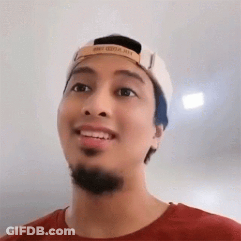 A Man With A Beard Wearing A Baseball Cap And A Red Shirt Is Smiling . GIF