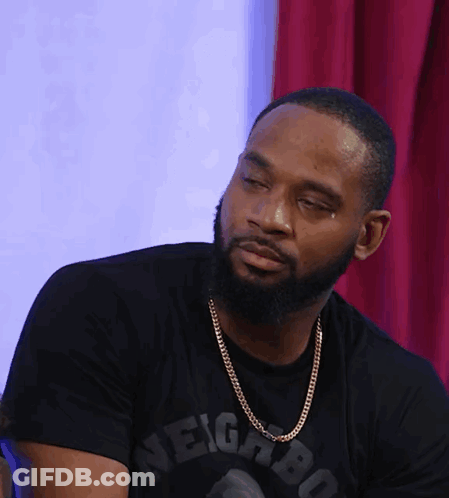 A Man With A Beard Wearing A Black Shirt That Says Neighbor On It GIF