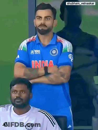 A Man With A Beard Wearing A Blue India Jersey GIF