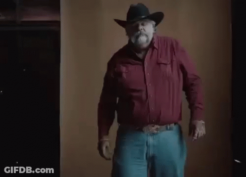 A Man With A Beard Wearing A Cowboy Hat And Gloves Is Standing In Front Of A Brown Wall . GIF